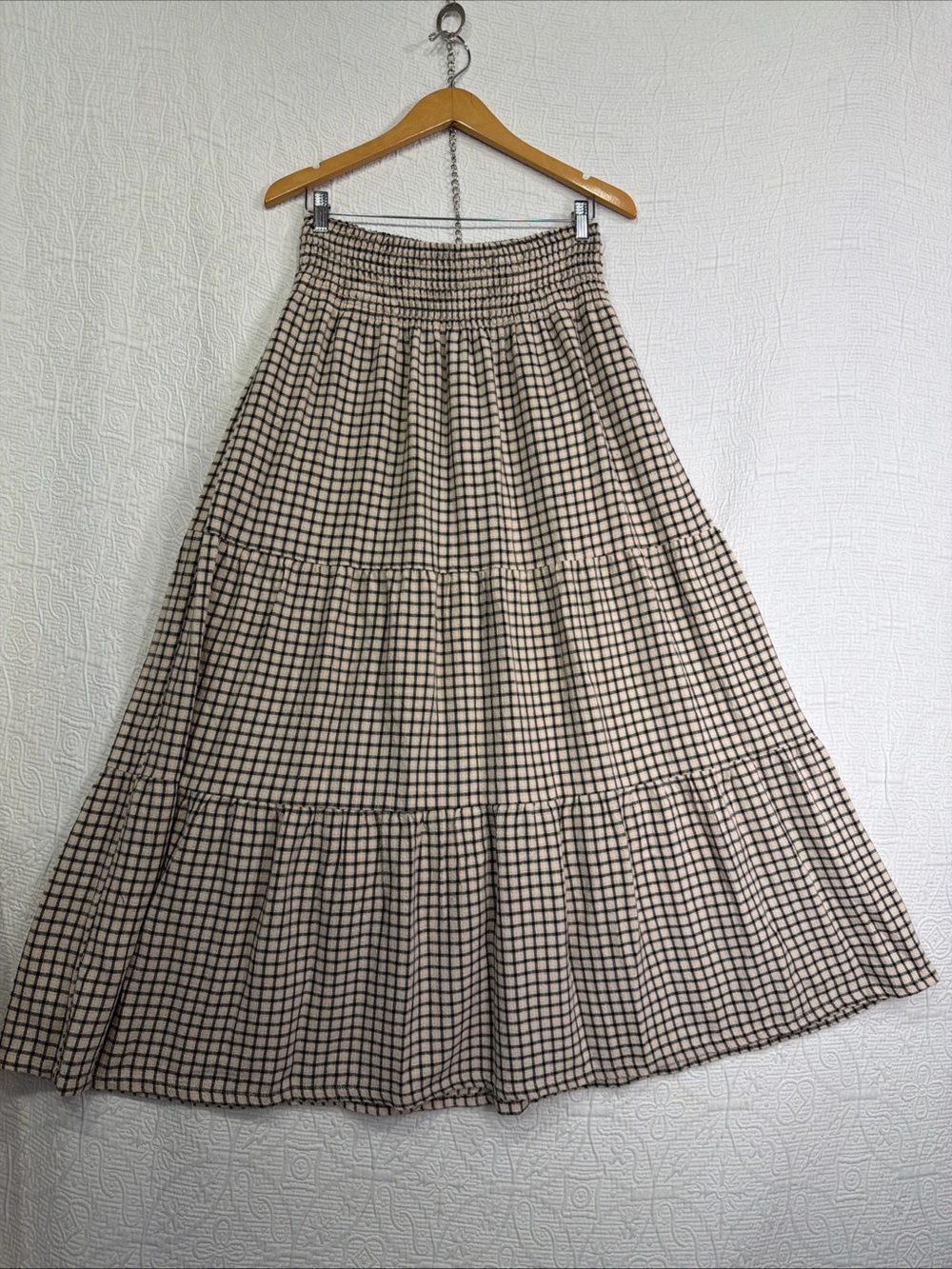 Marine Layer Chloe Tiered Skirt Womens Maxi Smocked Pull On Check Boho Resort L
